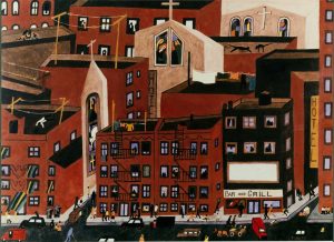 Painting of a busy Harlem cityscape, with tall reddish brown apartment buildings, hotels, interspersed by cream-colored church buildings. Cars drive along the street and people are seen on sidewalks, rooftops, and windows.