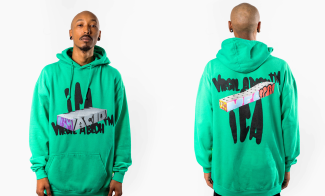 Two images of a young man in a green hooded sweatshirt, shown from front and back.
