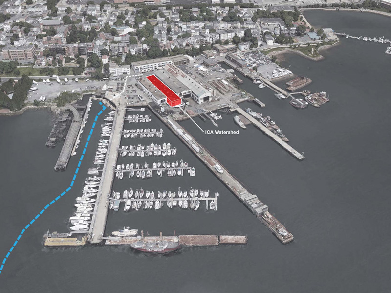 An aerial rendering of the East Boston harbor