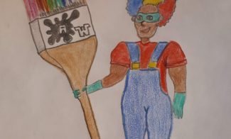 A crayon drawing of a characters in overalls, rainbow-colored hair, and a giant paintbrush.