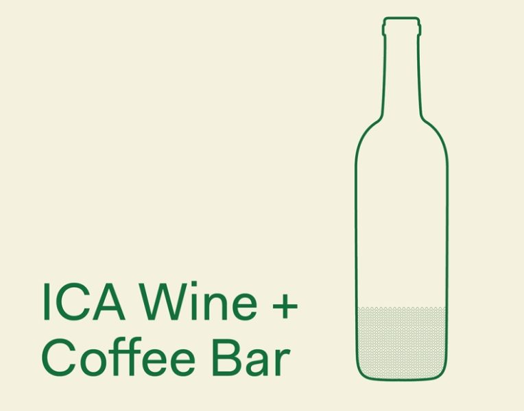 Tan and green logo with wine bottle and text saying ICA Wine + Coffee Bar