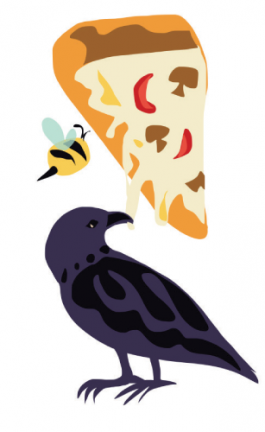 Colorful illustration of a raven, bee, and pizza. 