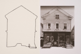 Wire outline of double story building next to black and white photo of reference double story building. 