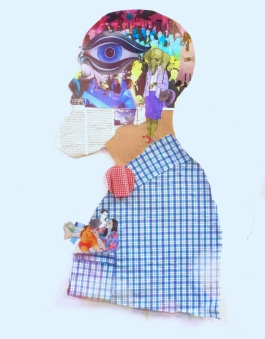 Cut-out silhouette of a figure in a blue plaid button-up shirt and red bowtie, and made from collage and mixed media.