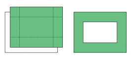 Icons of a green frame and a green sheet with dotted lines overlapping a white sheet. 