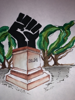 A watercolor of an outdoor monument depicting a raised black fist on a plinth with the inscriptions 