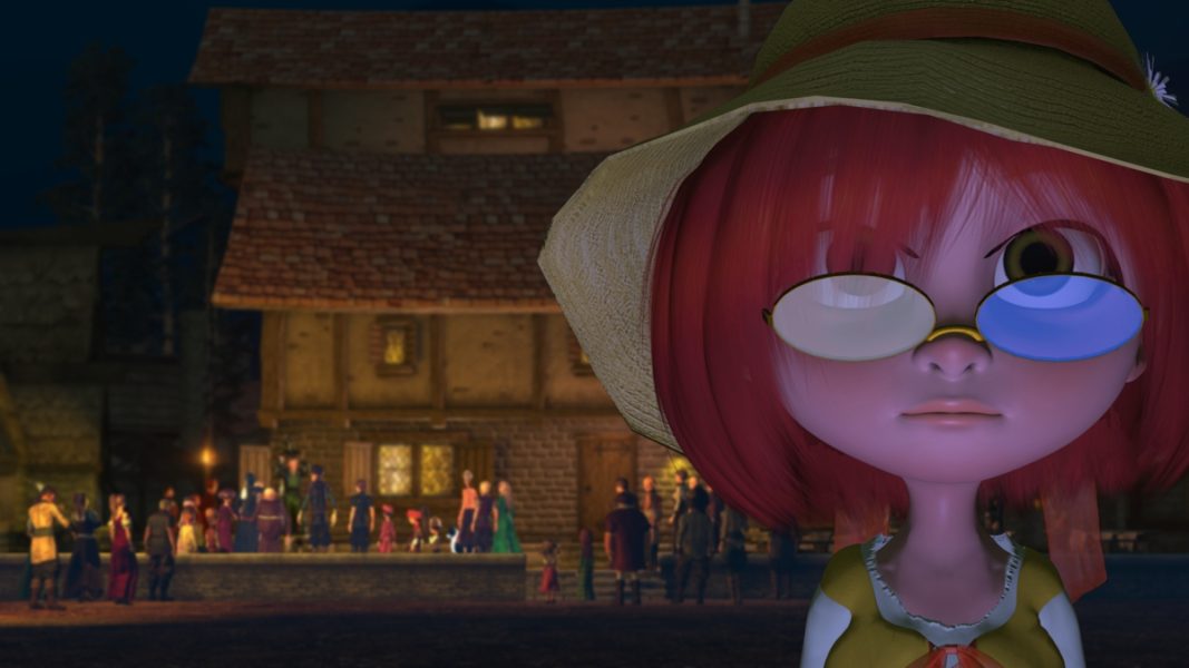 Still from computer animated film of a redheaded girl with glasses and crowded villagers in the nighttime background.