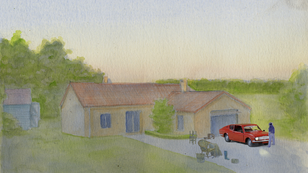An animated film still of a house with a red car in the driveway. 