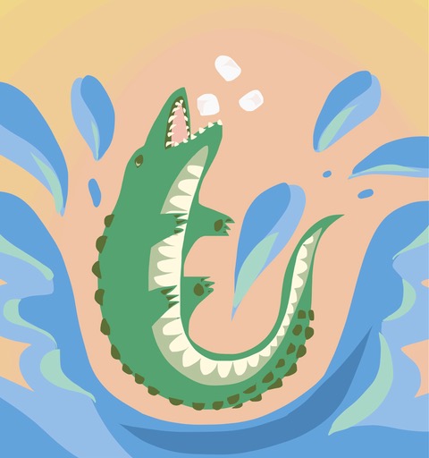 Colorful illustration of alligator falling into water that is splashing out, with ice cubes floating above its mouth. 