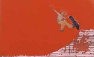 A painting on striped fabric of a skateboarder in midair against a red-orange field.