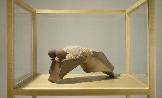 A sculpture of an abstracted torso and legs of a female figure arching in a display case.