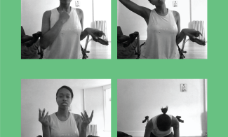 4 black and white images of a woman stretching on a green background.