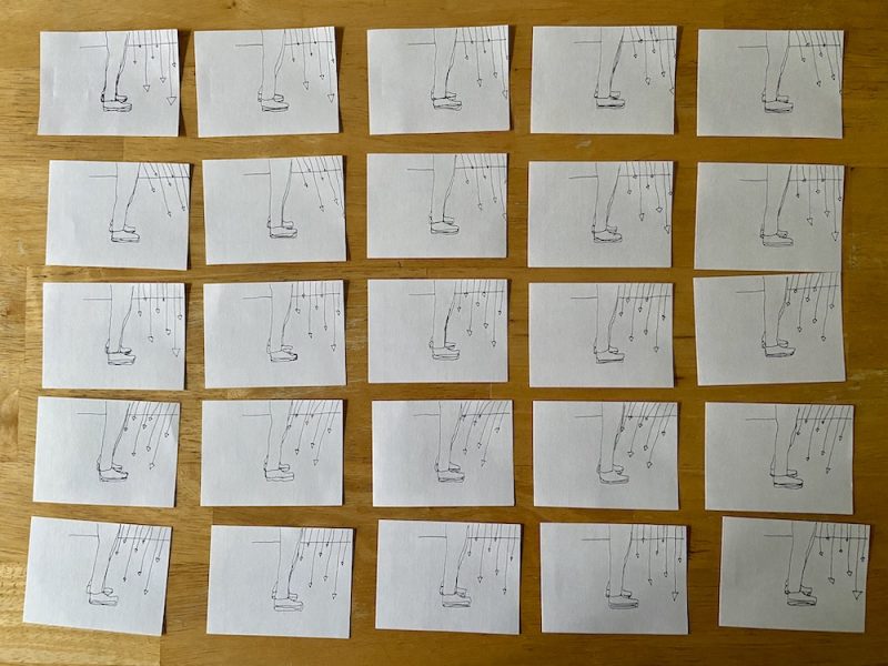 A row of drawings in preparation for an animated flip book.