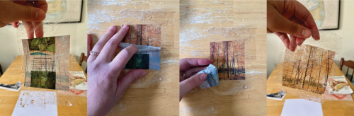 A series of four images showing step-by-step a hand peeling off the magazine-cut out paper from the tape to reveal the transferred image.