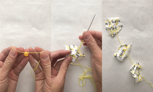 Three panels: Left-most shows hands threading a bead, center panel shows hands threading balled up paper, right-most panel shows three balled up papers threaded along a string.