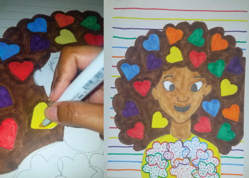 A stencil illustration of a dark-skinned girl with colorful hearts in her hair.