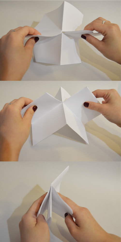 Three images stacked, each showing hands folding paper in various ways.