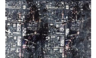 Blue-grey painting covered in marks in the style of drawings on a fogged window and geometric markings with two human figures repeated underneath