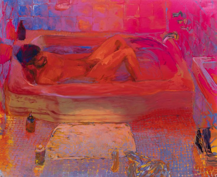 An oil painting in bright pinks and blues shows a nude man reclining in a bathtub in a small, cramped bathroom.