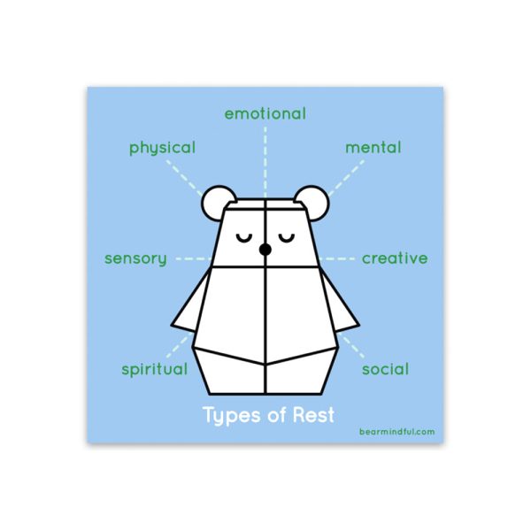 An infographic with a bear illustration in the center and mindfulness words