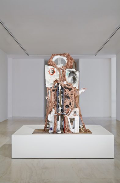 Huma Bhahba, Unnatural Histories, 2012. Wood, wire, clay, wire mesh, Styrofoam, acrylic paint, oil stick, burlap, metal, lucite, feathers, paper, laces, rubber, plastic, and horn, 86 × 80 × 198 inches.