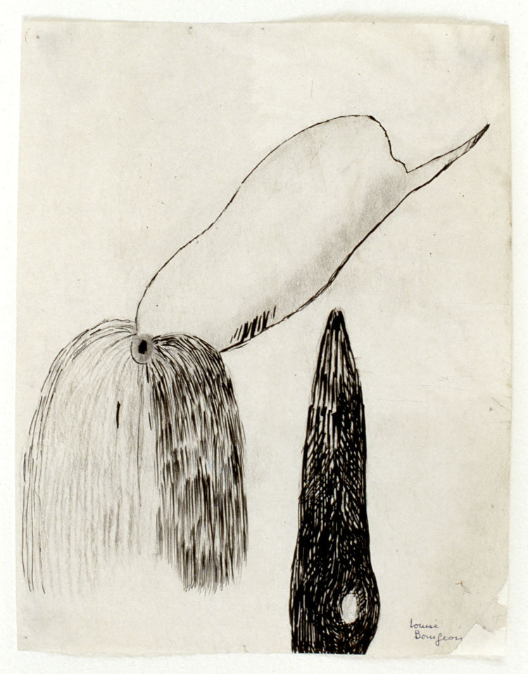 A drawing of two abstract, tubular forms detailed with short, black marks.
