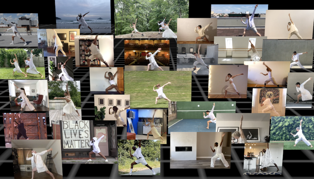 A computer screen with about 30 separate layers images showing individual dancers in white in the same lunge position.