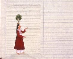 A watercolor of a medium-skinned, juggling woman in a long red dress balancing a potted tree overlaying a matrix of dotted lines.