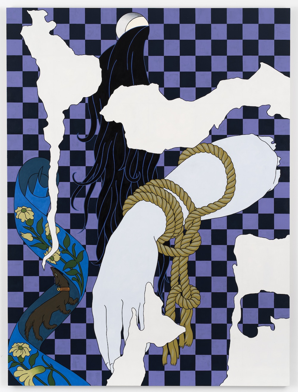 An acrylic painting depicts abstracted white shapes, a grey hand, a blue scarf, flowing black hair, and gold rope overlaid on a purple-and-black checkered background.