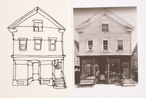 Side-by-side images of a line drawing of a house made from wire, and a sepia photograph of the same house