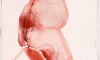 A reddish watercolor drawing of a nude woman pictured from the side reaching upwards and looking over her shoulder.
