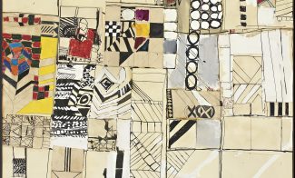 A mixed- media collage of various abstracted geometric designs in black and white and in color.