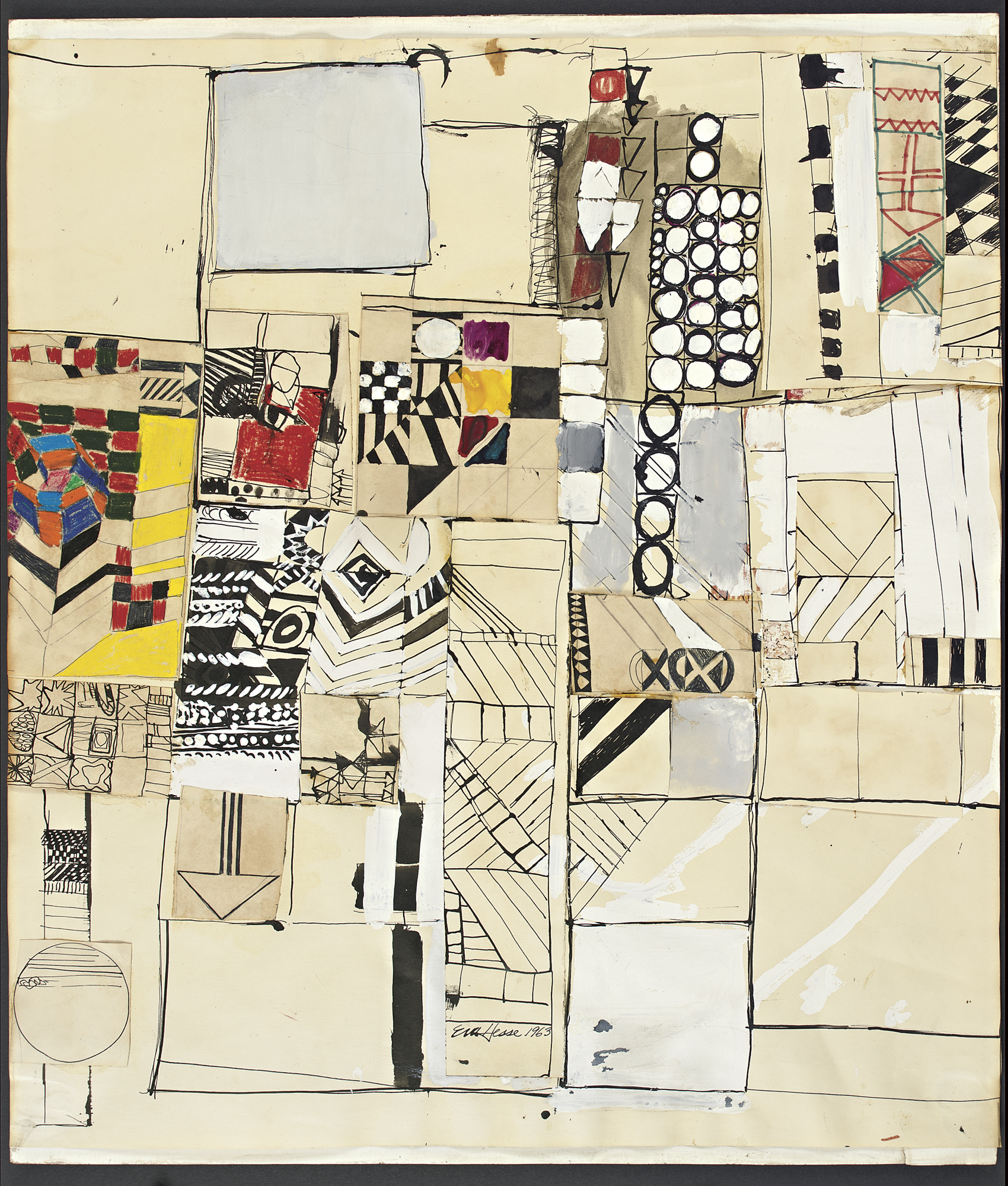 A mixed- media collage of various abstracted geometric designs in black and white and in color.