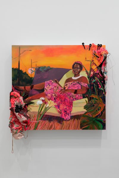 A colorful painting of a Black woman in front of a s sunset. 
