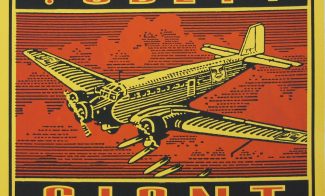 A screenprint of a yellow bomber aircraft flying against a red, cloudy sky framed by the words "! OBEY ¡" and "GIANT" above and below.