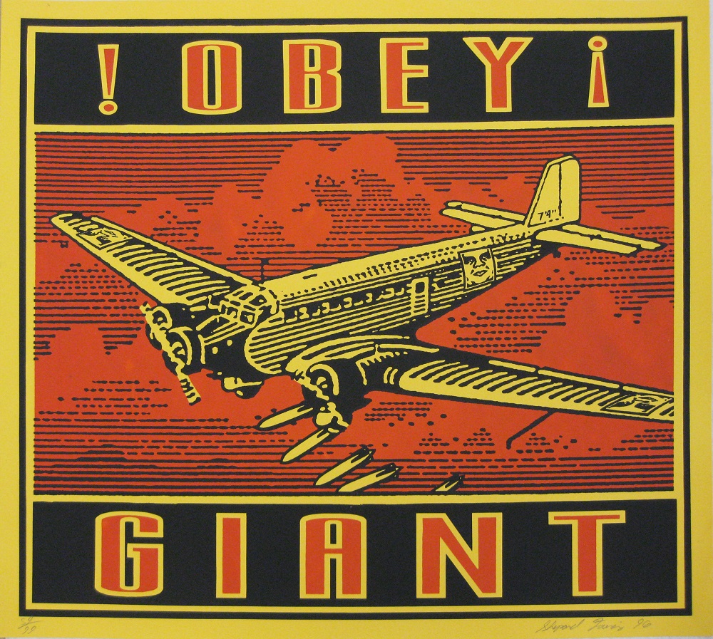 A screenprint of a yellow bomber aircraft flying against a red, cloudy sky framed by the words 