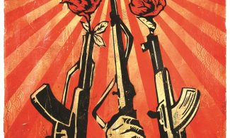 A red and black screenprint of three arms holding up rifles that sprout roses with red and yellow lines radiating from the central rose.