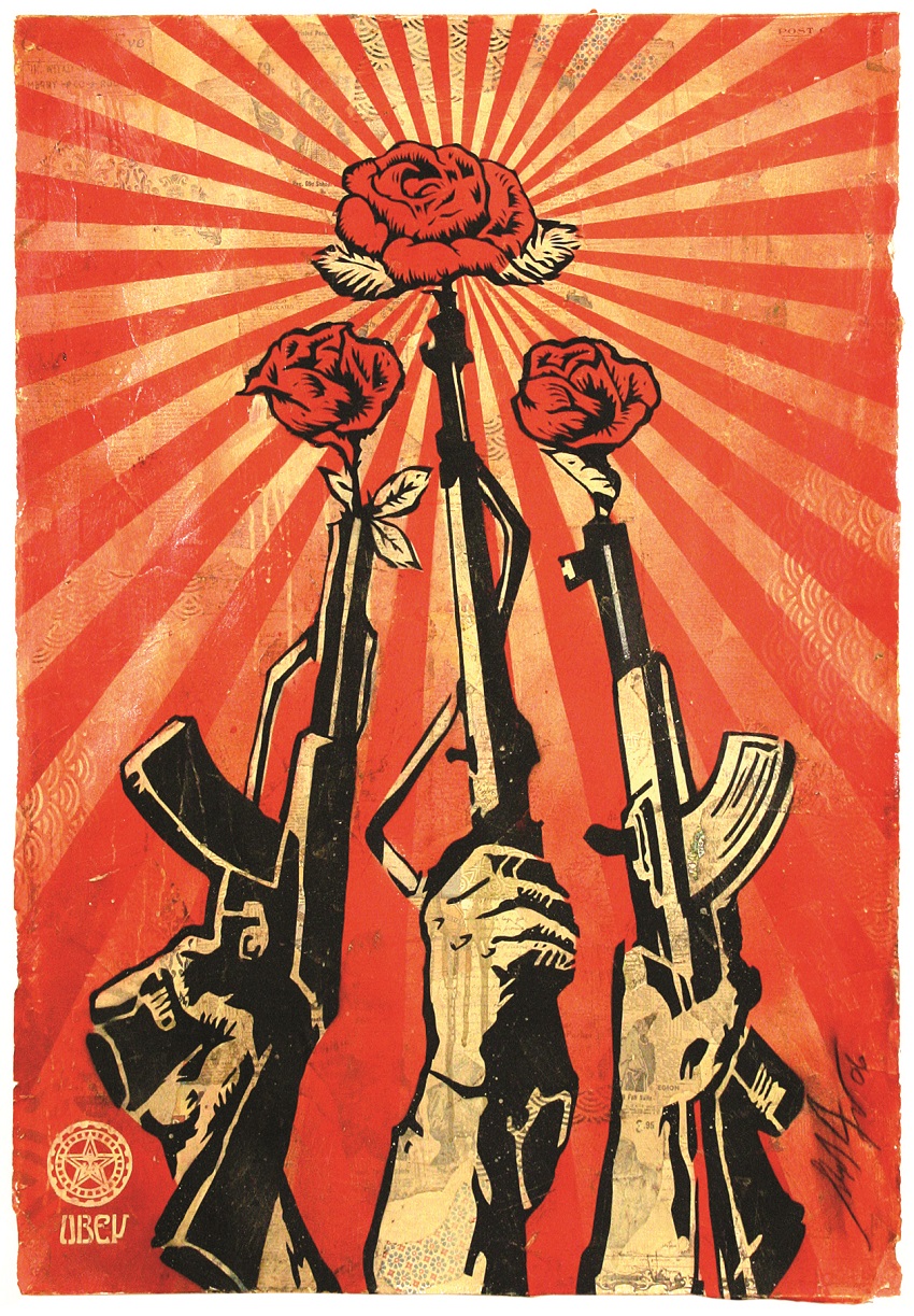 A red and black screenprint of three arms holding up rifles that sprout roses with red and yellow lines radiating from the central rose. 
