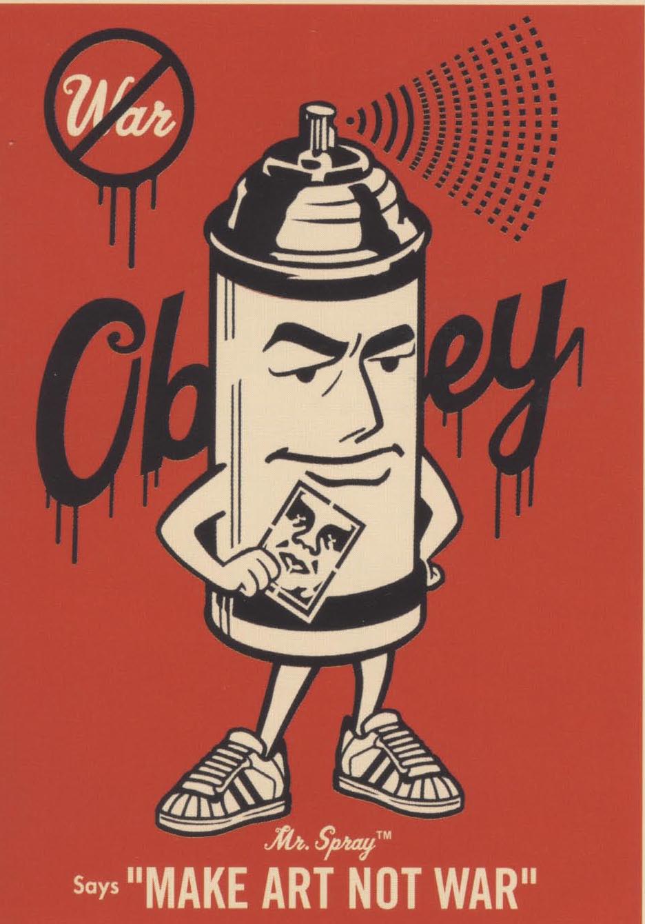 A red and black screenprint of a cartoonish can of spray paint with a face and human limbs standing over the statement 
