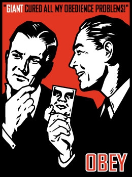 A red and black screenprint of two light-skinned men in suits, one holding an Obey sticker, with the sentence 