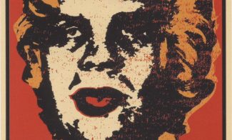 A red, black, and orange screenprint of Marilyn Monroe's head with the face of André the Giant superimposed with "OBEY" along the bottom edge.