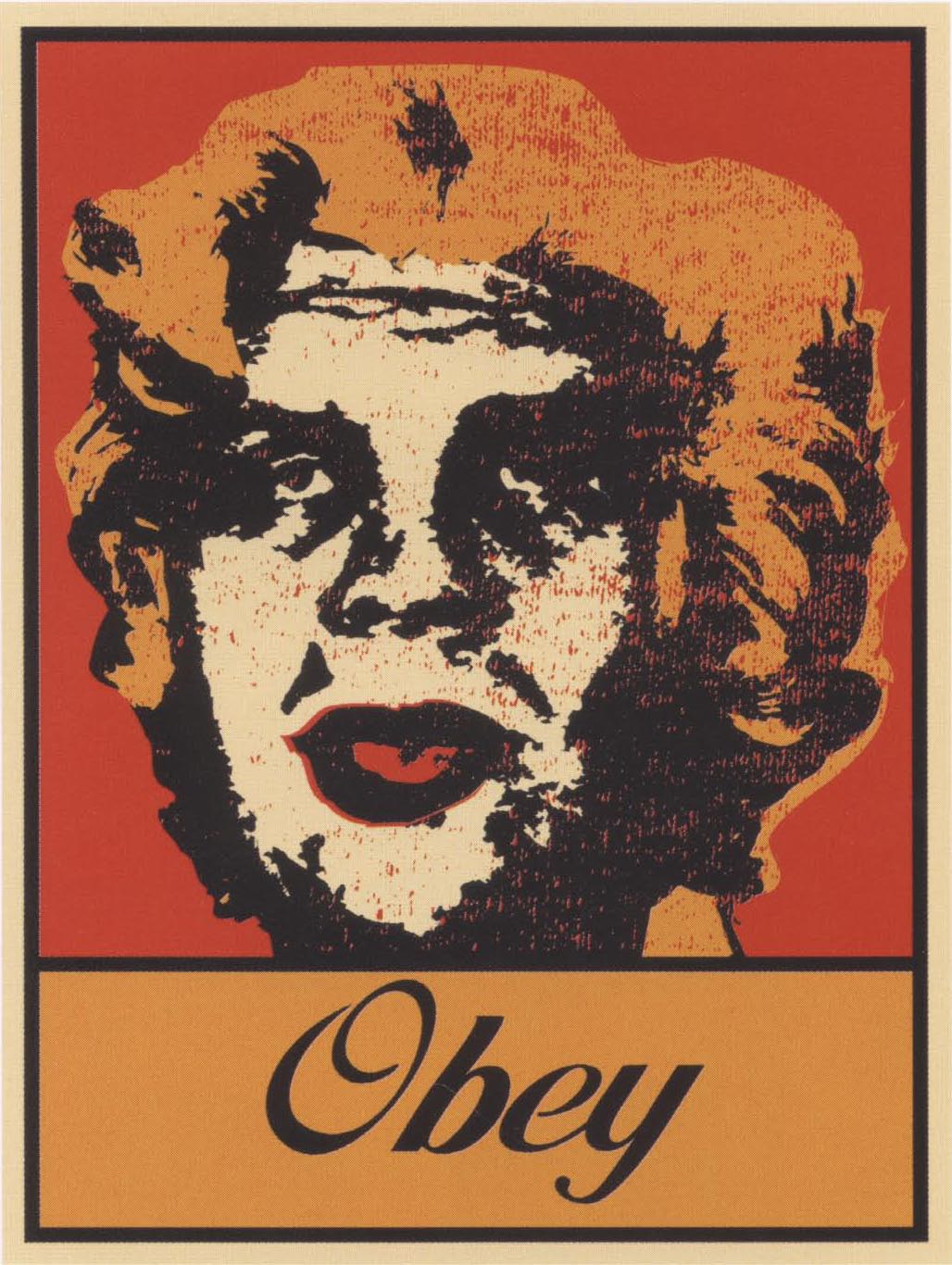 A red, black, and orange screenprint of Marilyn Monroe's head with the face of André the Giant superimposed with 