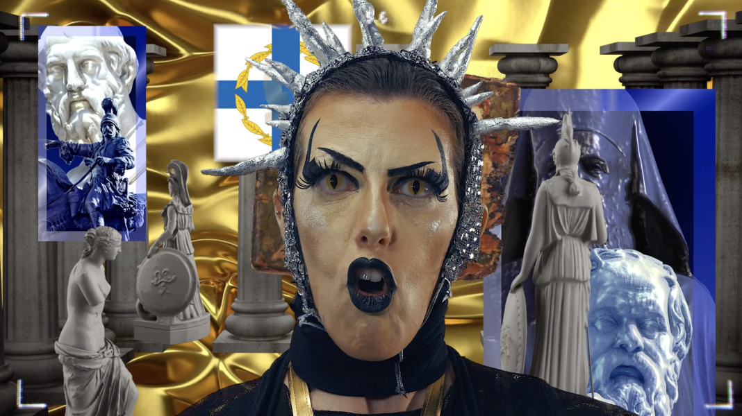 A person with dramatic black eye and lip makeup making a face with iconography relating to Greece arranged against a gold background