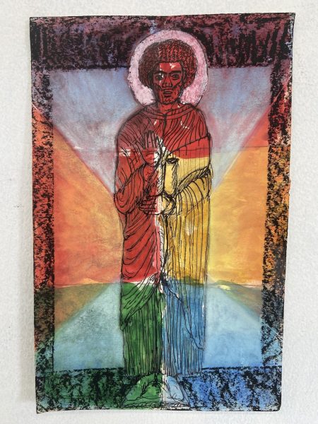 A drawing of a figure with beard, afro, and a halo around his head and robes suggesting he is a saint. His robes and the background bear the colors of the rainbow.