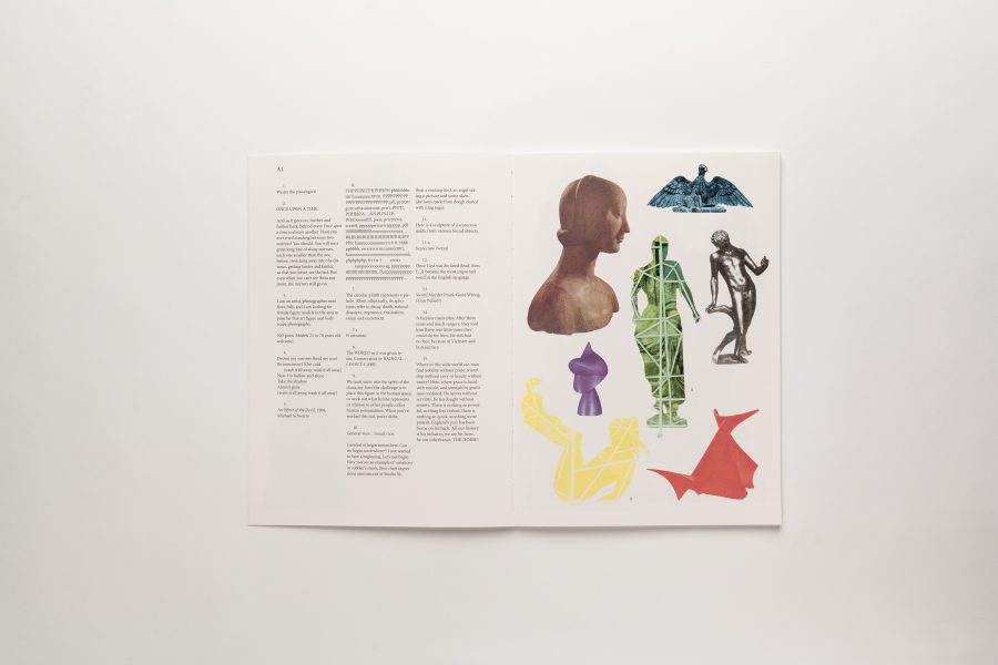 Book spread of a page of text next to silhouette graphics from art historical sculptures in different bright colors