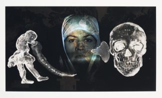 A color photograph shows a collage of three figures: a standing human figure, the projected face of a woman in a headscarf gazing directly at the viewer, and a human skull.