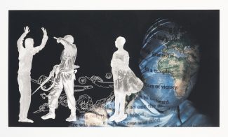 A color photograph shows a collage of three standing figures in white to the left of a larger human face shrouded in a cloth printed with a blue and green world map.