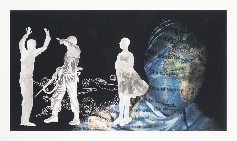 A color photograph shows a collage of three standing figures in white to the left of a larger human face shrouded in a cloth printed with a blue and green world map.