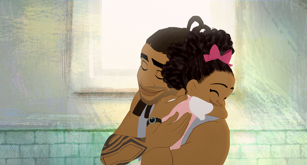 A animated still of a father and hugging his daughter.