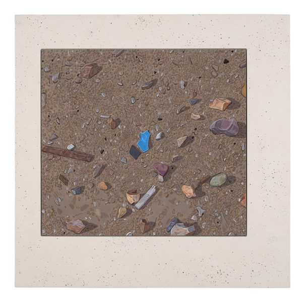 A painting by Josephine Halvorson of the ground with small rocks and trash. 